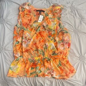 NWT- White House Black Market Floral Ruffle Blouse - Orange and Green